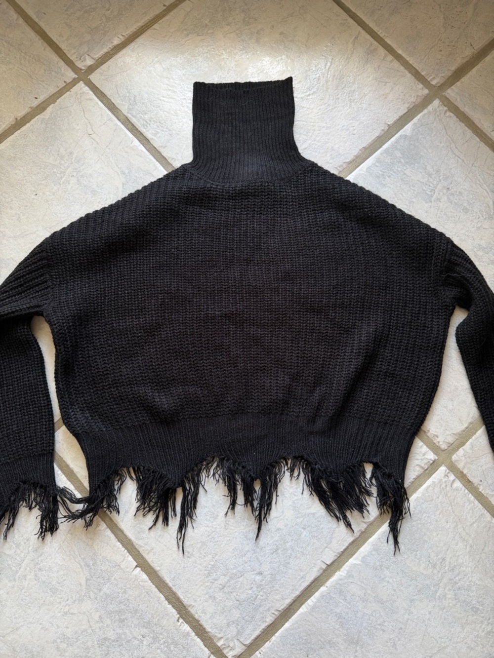 Fringe-Hem Black Turtleneck Sweater